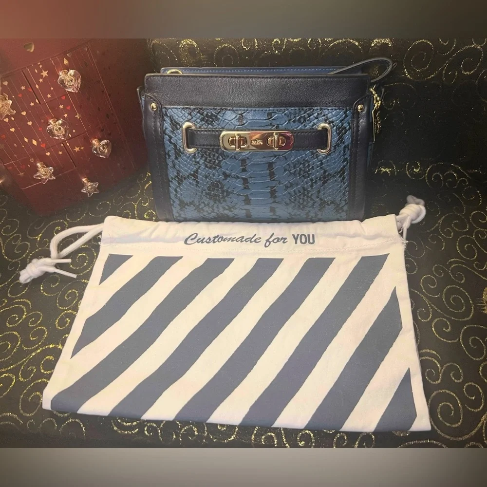 Coach Swagger Exotic Python Snake Skin Blue and Black Crossbody Wristlet
